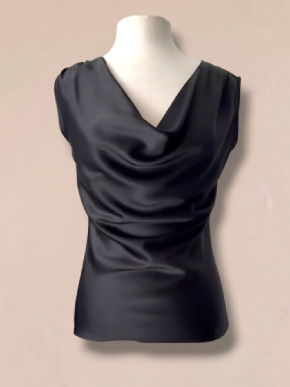 ST. JOHN BLACK DRAPE NECK SATIN TOP